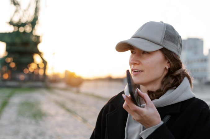 Femme portant une casquette caméra blanche discrète tout en parlant au téléphone au coucher du soleil