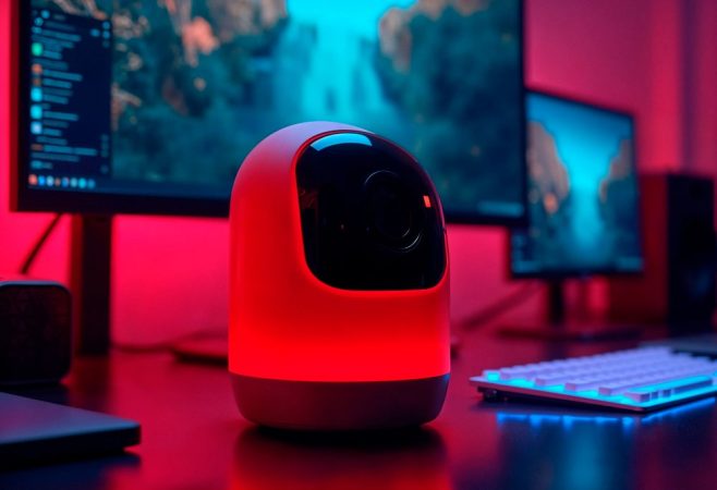 Une caméra de surveillance de type dôme, de couleur blanche, fixée au plafond, avec des indicateurs lumineux bleus, illustrant une installation moderne de Caméras Espion WiFi