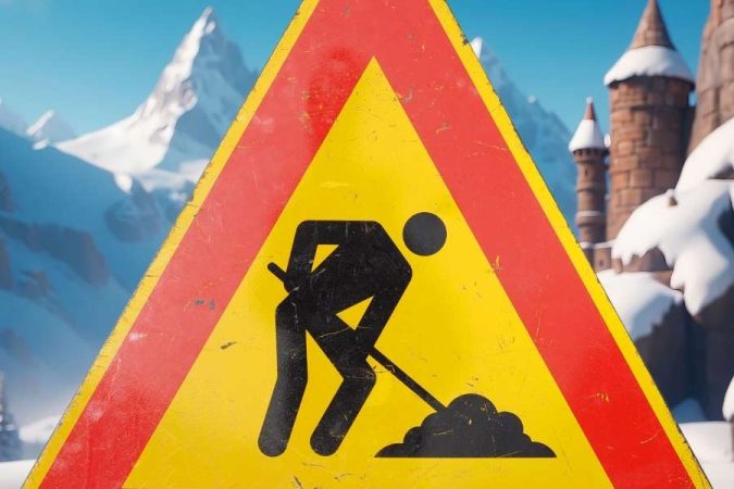 Un panneau de chantier triangulaire jaune et rouge indiquant des travaux dans un paysage enneigé.
