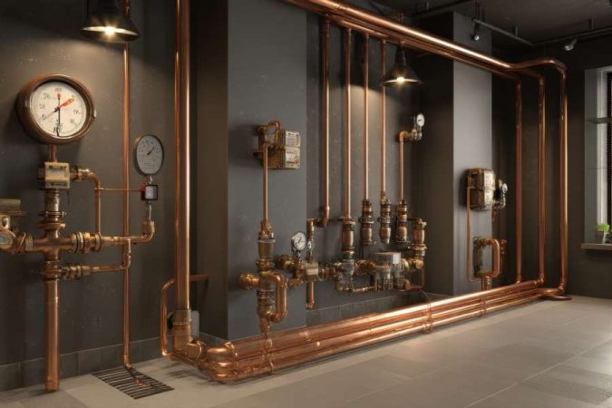 Installation moderne avec des tuyaux de plomberie apparents en cuivre brillant le long d'un mur gris.